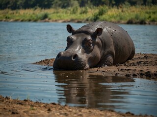 Canvas Print - Hippo by the water’s edge (repeated).