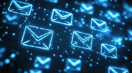 Aufkleber - Clusters of illuminated email icons symbolize the impact of artificial intelligence on real estate marketing strategies.