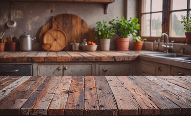 Poster - Kitchen counter with a wooden top and a potted plant on it. There are several bowls and spoons on the counter