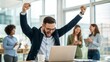 © Tekin - Excited office employee surprised with success, achieve, reward, looking at laptop screen, getting awesome good news, celebrating win, job result, approved loan. Worker getting job promotion