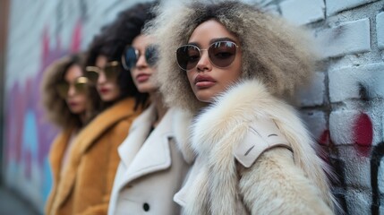a diverse group of four models wearing stylish fur coats and sunglasses poses against a graffiti wal