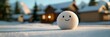 © AI Photo Stock - Happy Snowball in Winter Wonderland - Playful snowball, winter scene, happy face, snowy landscape, cozy cabin.