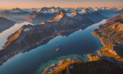 Fototapete - Mountain range with a lake in the middle. The lake is surrounded by mountains and has a city on the shore