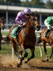 Wall Mural - Horse racing sport with jockeys in action.