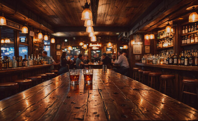 Poster - Bar with a wooden table and a few people sitting at it. There are three glasses on the table