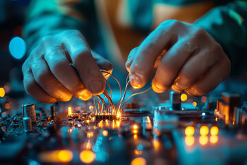 Poster - Hands skillfully connecting electrical components in a workshop setting