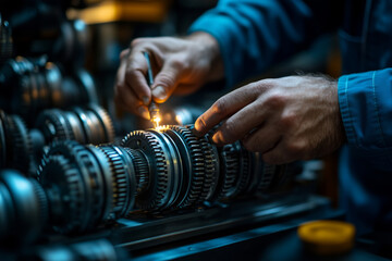 Poster - Expert hands assemble mechanical components in a workshop setting