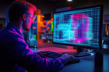 Poster - Engineer conducts data analysis in high-tech control room during evening hours