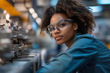 Poster - Female production technologist focused on quality control in a modern facility