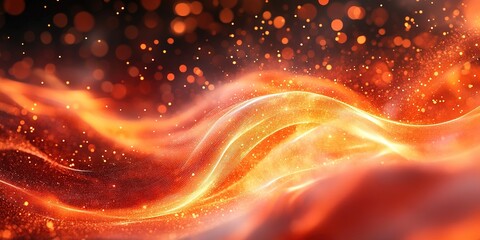 Poster - Abstract orange and red wave patterns with glowing particles creating a dynamic visual effect in a digital artwork