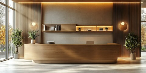 Poster - Modern reception area showcasing minimalist design with natural elements and warm lighting in a contemporary building