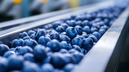 Aufkleber - Fresh blueberries flow along a conveyor belt in a juice production facility. Workers monitor the process to ensure quality and prepare the fruit for juicing, emphasizing cleanliness and efficiency.