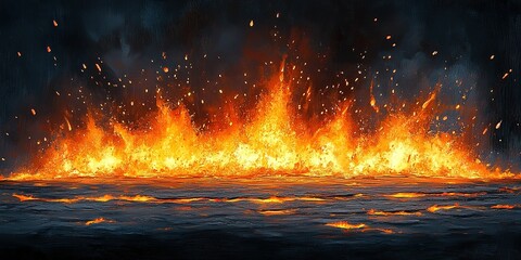 Poster - Bright orange flames erupting from a dark surface in a dramatic display of fire at night