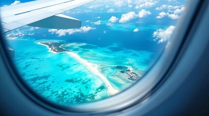 Poster - View from an airplane window over tropical islands , Tropical islands and turquoise ocean from above