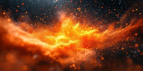 Poster - Vibrant explosion of orange and gold particles illuminating a cosmic background at night