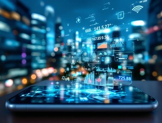 Poster - Skyscraper cityscape with glowing digital network overlay