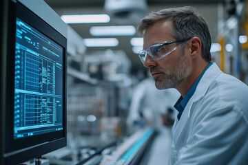 Poster - Production technologist examining data in a high-tech laboratory environment