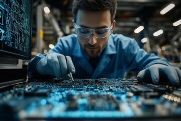 Poster - QC specialist inspecting circuit boards in a factory