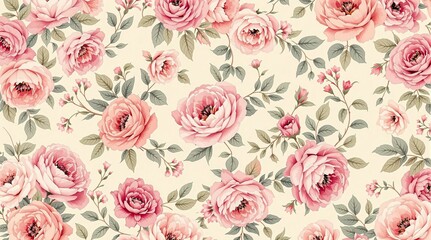 Aufkleber - Seamless floral pattern with pink roses on fabric