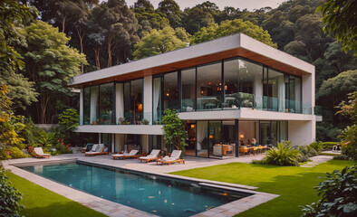 Poster - Large white house with a pool and a large glass window. The house is surrounded by trees