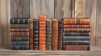 Poster - Antique Leather Bound Books Stacked On Wooden Shelf