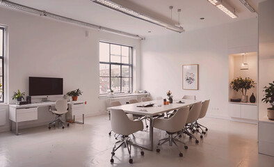 Poster - Large open office space with a long table and chairs. A television is on the left side of the room