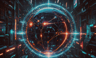 Poster - Glowing sphere with a lot of lines and dots on it. The sphere is surrounded by a lot of wires and lights