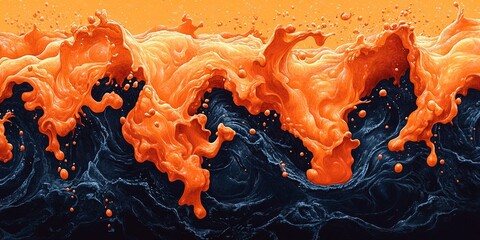 Poster - Bright orange waves contrast against a deep blue background in an abstract display of fluid motion and color