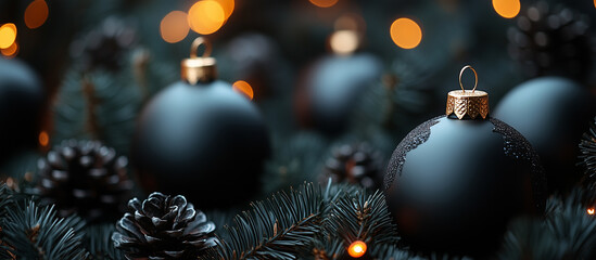 Wall Mural - christmas golden and black decoration close up, bokeh background. merry christmas and happy holidays