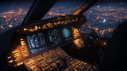 Poster - Night flight cockpit view over illuminated city.