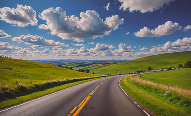 Poster - Road with a yellow line down the middle. The road is surrounded by grassy hills. There are no cars on the road