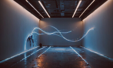 Fototapete - large room with a wall that has a wave pattern on it. there is a bench in the room