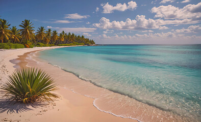 Aufkleber - Beach with palm trees and a body of water. The water is blue and the beach is white