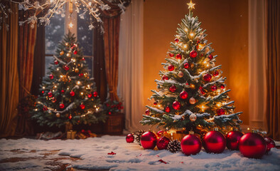 Poster - Red and green Christmas tree with many red balls on the ground. The tree is in a room with a window