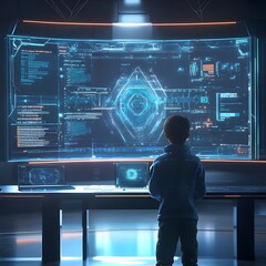 Poster - a child observes an advanced technological display with interactive screens showcasing data, symboli
