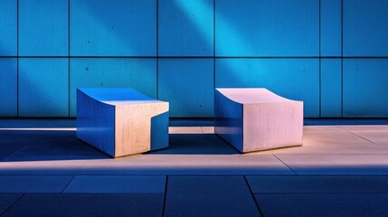 Poster - Two Abstract Concrete Benches Against Blue Wall