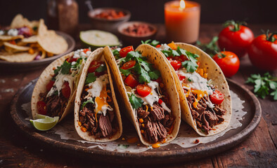 Poster - Four tacos with meat and cheese on a plate. There are also tomatoes and limes on the plate