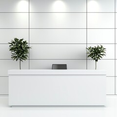 A sleek and modern reception area featuring a white desk, contemporary lighting, and green plants for a fresh ambiance