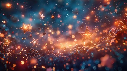 Festive night sky with glowing stars and bokeh lights.