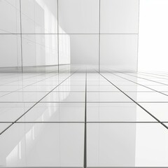 Poster - White reflective tiles stretching into modern minimalist room