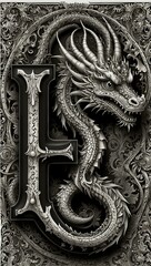 Wall Mural - Intricate black-and-white illustration of letter U with ornate dragon design.