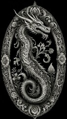 Wall Mural - Intricate black-and-white illustration of letter U with ornate dragon design.