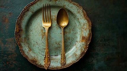 Antique gold fork and spoon on a rustic teal plate.