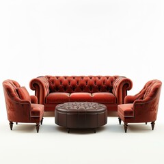 Poster - Elegant chesterfield sofa and armchairs with ottoman on white background