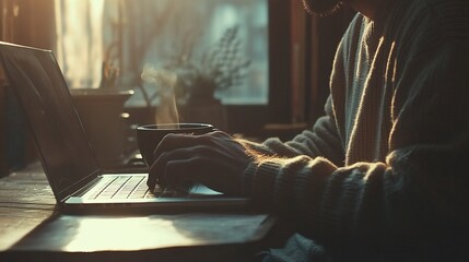 Poster - Man working on laptop, holding a warm drink, enjoying morning sunlight.
