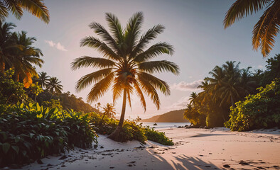Poster - Palm tree is in the foreground of a beach. The palm tree is surrounded by bushes and the beach is sandy