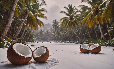 Aufkleber - Three coconuts are on the beach. One is cut in half. The other two are whole