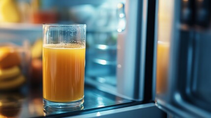 Poster - A clear glass filled with vibrant orange juice is placed inside a refrigerator, surrounded by fresh fruits and cool shelves.