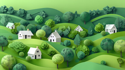 Canvas Print - Landscape set in paper art style featuring houses tucked between verdant trees and rolling hills, ai generated. Verdant. Illustration