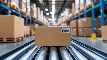 Poster - Automated Logistics: Cardboard boxes travel through an advanced factory, showcasing efficiency and modern production in the automation age.
